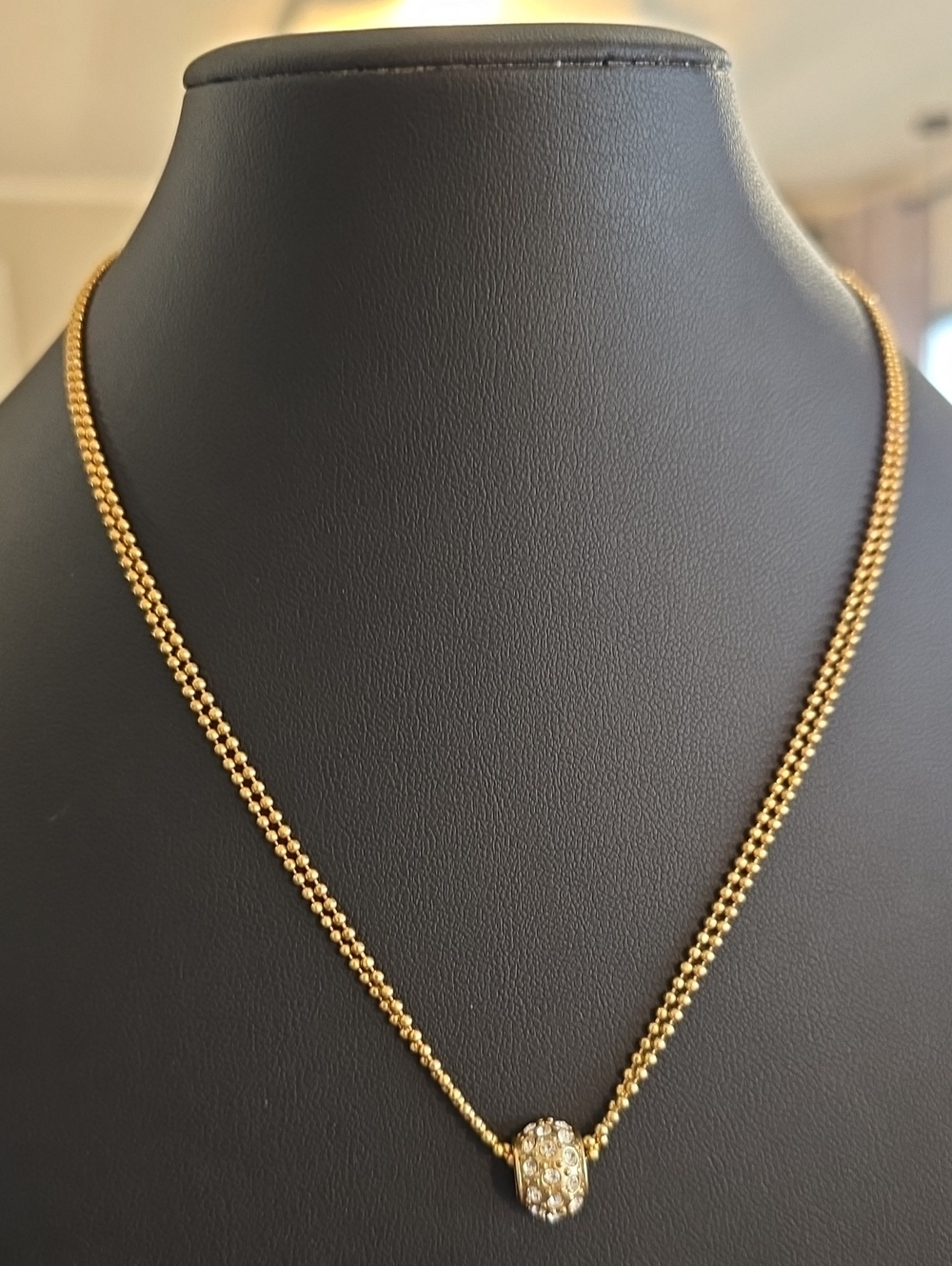 Gold Bead Chain Necklace with Crystal Pavé Pendant - (D)